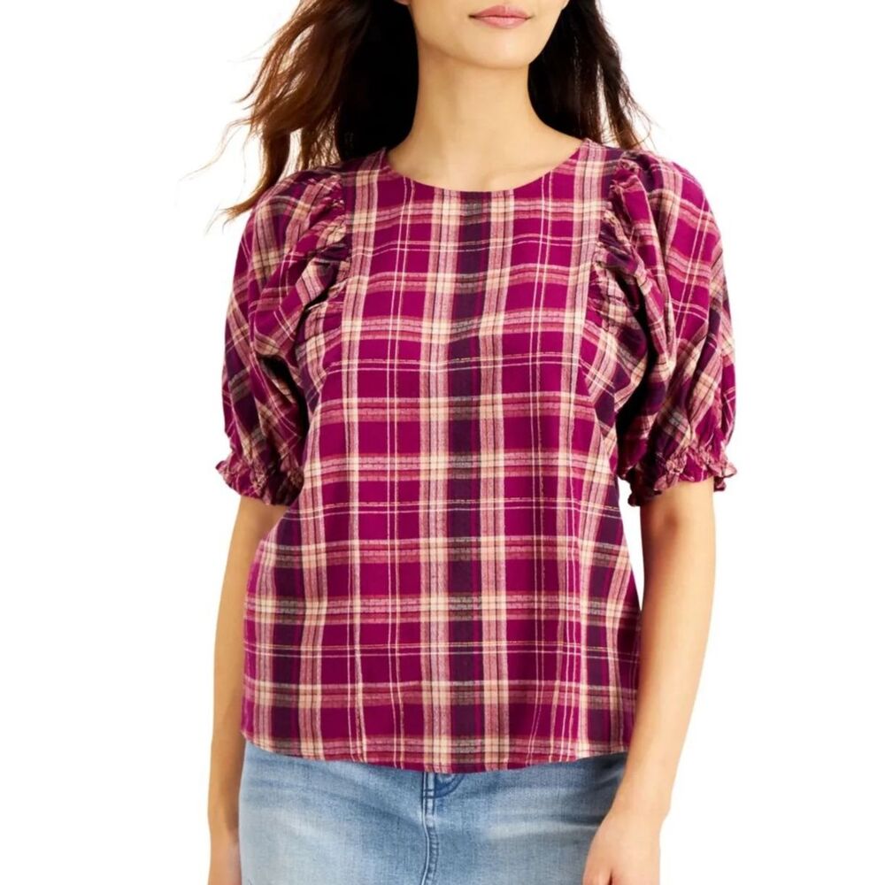 INC International Concepts Women's Plaid Puff-Sleeve Top, Madison Plaid, Sz M
